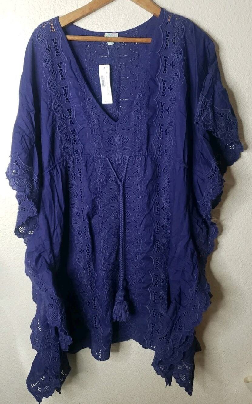 J Crew Re-imagined Blue Embroidered Floral Caftan Cover Up Tunic Top MEDIUM
